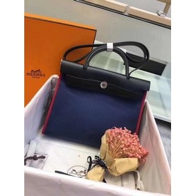 New Hermes Herbag 31CM Original Canvas Leather & Calfskin 45987 Black&Blue HMSXCYDND6E