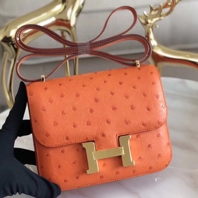 1:1 Replica Hermes Constance 18 Handmade Bag In Orange Ostrich Leather HMSH9O64K81
