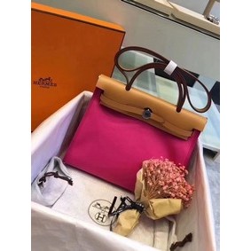 Fake Hermes Herbag 31CM Original Canvas Leather & Calfskin 45987 Pink&Brown HMS6H27L6LJ