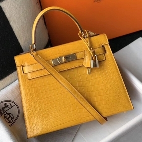 Imitation Hermes Kelly 25cm Handmade Bag In Yellow Embossed Crocodile Leather HMSU7GN3DMU