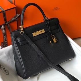 Imitation Hermes Kelly 25cm Retourne Bag In Black Clemence Leather HMS79A9T821