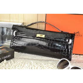 Hermes Kelly Clutch Bag Croco Leather K31 Black Top Replica HMSSI6R116D