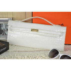 Hermes Kelly Clutch Bag Croco Leather K31 White HMS5ZJ1VO65
