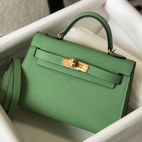 Hermes Kelly Mini II Bag In Vert Criquet Epsom Leather GHW Top Replica HMSF0RY916C