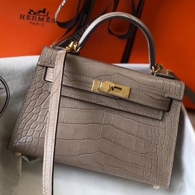 Replica Hermes Kelly Mini II Handmade Bag In Grey Crocodile Embossed Leather HMSD9XHY332