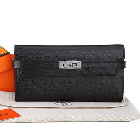 Hermes Kelly Original Saffiano Leather Bi-Fold Wallet A708 Black Top Replica HMS237NT11X