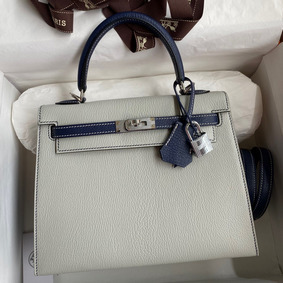 AAA Hermes Kelly Sellier 25 Bicolor Bag in Pearl Grey and Blue Mysore Goatskin HMSI1J01X84