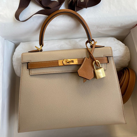 First-class Quality Hermes Kelly Sellier 25 Bicolor Bag in Trench and Gold Epsom Calfskin HMS4WC54BKJ
