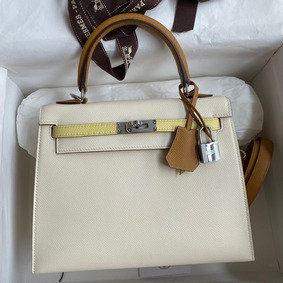 Hermes Kelly Sellier 25 Tricolor Bag in Craie/Sesame/Yellow Epsom Calfskin Top Replica HMSSHOANFGA