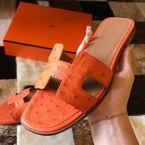 Cheap Hermes Oran Slide Sandals In Orange Ostrich Leather HMS4IU8IT2X