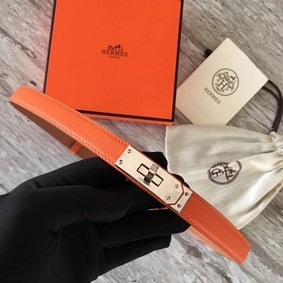 Hermes original epsom leather Kelly belt H069854 orange silver plated metal Top Replica HMSH8P3QNP7
