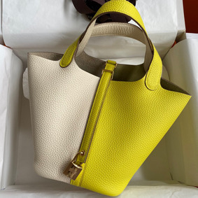Hermes Picotin Lock 18 Bicolor Handmade Bag in Craie and Lime Clemence Leather 1:1 Replica HMS28P4LBO3