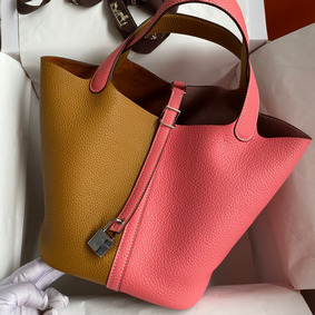 Top Replica Hermes Picotin Lock 22 Bicolor Handmade Bag in Sesame and Rose Azalee Clemence Leather HMSYMMG8IT1