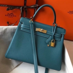 Hermes Kelly 32cm Bag In Blue Jean Clemence Leather GHW Top Replica HMSOY5OB27Z