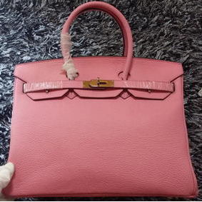 Fake Hermes Birkin 35CM Tote Bag Litchi Leather HB35GL Pink HMSQN736341