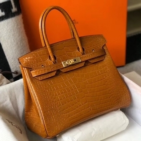 First-class Quality Hermes Birkin 30cm Bag In Gold Embossed Crocodile Leather HMSXENB5BUF