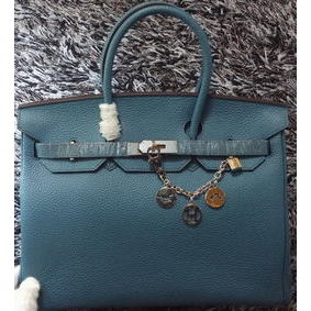 Hermes Birkin 35CM Tote Bag Litchi Leather HB35GL Blue Replica HMSPF74J5Z6