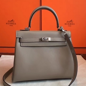Imitation Hermes Kelly 25cm Retourne Handmade Bag In Grey Swift Leather HMS6T2YGLKK