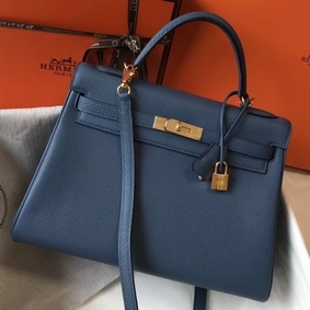 Hermes Kelly 32cm Bag In Blue Agate Clemence Leather GHW 1:1 Replica HMSR5Q3B4GC