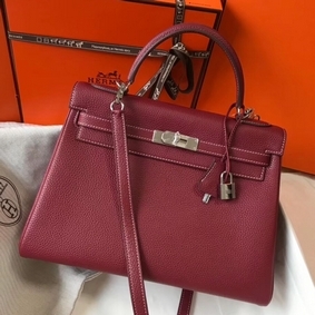 Imitation Hermes Kelly 32cm Bag In Bordeaux Clemence Leather PHW HMSY73UNIQP