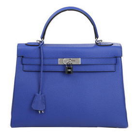 Hermes Kelly 32cm Shoulder Bag Blue Original Leather K32 Silver Top Replica HMSLE183294