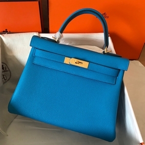 Hermes Kelly Retourne 28 Handmade Bag In Blue Zanzibar Clemence Leather 1:1 Replica HMS7KI63443