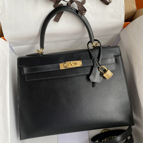First-class Quality Hermes Kelly Sellier 32 Handmade Bag In Black Box Calfskin HMS2U8JWN68