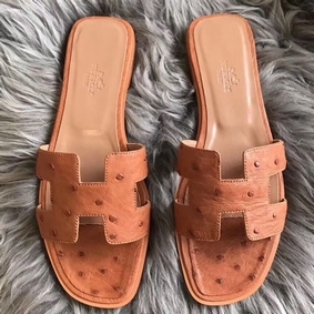 Imitation Hermes Oran Sandals In Brown Ostrich Leather HMSPH1339CF