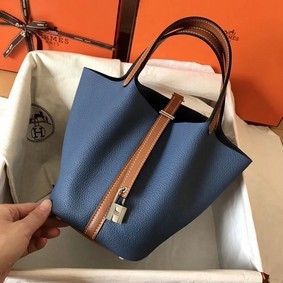 Cheap Hermes Picotin Lock PM Bags Original Leather H8688 blue&brown HMSTR3300HA