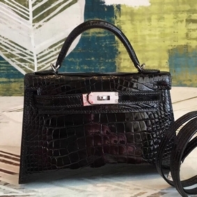 Hermes Kelly Mini II Handmade Bag In Black Alligator Crocodile HMS387L1DW8