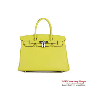 Hermes Birkin 30CM Tote Bags Lemon Clemence Leather Silver Replica HMSFZ8KT00P