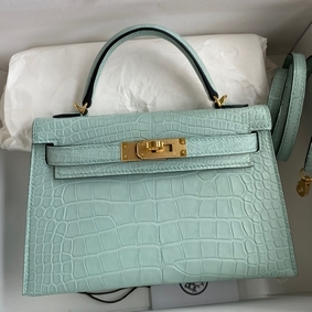 Hermes Kelly Mini II Sellier Handmade Bag In Vert D'eau Matte Alligator Leather