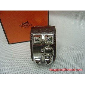 2010 Hermes dark Brown Leather Silver Bangle 1171 1:1 Replica HMSOIV3U598