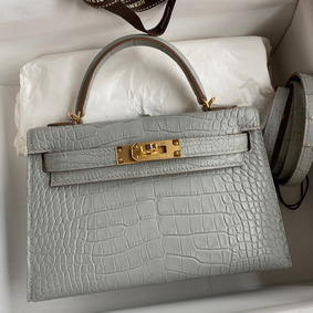 Hermes Kelly Mini II Sellier Handmade Bag In Pearl Grey Matte Alligator Leather HMS51EXB94U