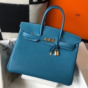Fake Hermes Birkin 35cm Bag In Blue Jean Clemence Leather GHW HMSQ86OR0IP