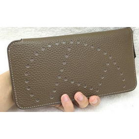 Hermes Evelyn Long Zip Wallet Litchi A808 Khaki Top Replica HMS8766QJ5M