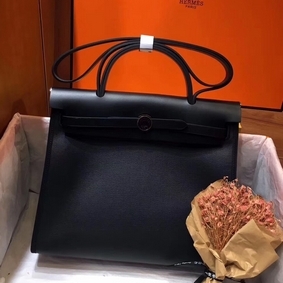 Hermes Herbag Zip 31cm Bag In Black Leather And Toile 1:1 Replica HMSJIUL8U2T