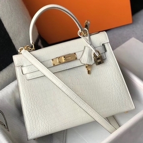 Hermes Kelly 25cm Handmade Bag In White Embossed Crocodile Leather Replica HMSY4NESE0U