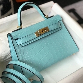 Hermes Kelly Mini II Handmade Bag In Blue Atoll Crocodile Embossed Leather 1:1 Replica HMS4L68582Y