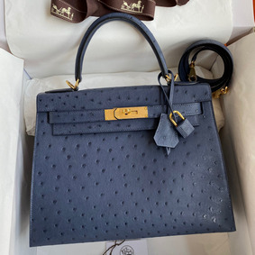 First-class Quality Hermes Kelly Sellier 28 Handmade Bag In Blue Iris Ostrich Leather HMSMBQ026OG