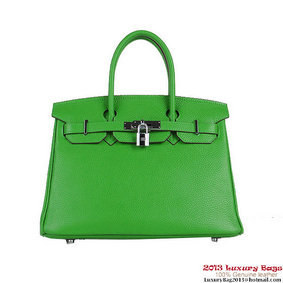 1:1 Replica Hermes Birkin 30CM Tote Bags Green Clemence Leather Silver HMS10DXDH25