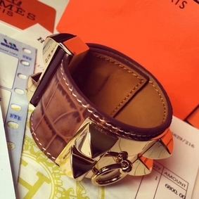 Replica Hermes Brown Crocodile Collier de Chien Bracelet Size HMSTR3333EB