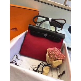 1:1 Replica Hermes Herbag 31CM Original Canvas Leather & Calfskin 45987 Black&Red HMS29NET90A