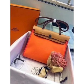 Hermes Herbag 31CM Original Canvas Leather & Calfskin 45987 Orange&Brown HMSGBSUYTV2