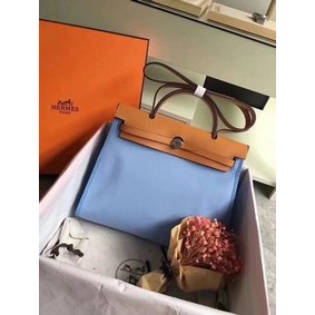 Best Quality Hermes Herbag 31CM Original Canvas Leather & Calfskin 45987 Skyblue&Brown HMSE5EY73ZL