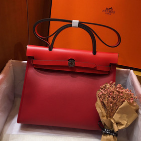 Hermes Herbag Zip 31cm Bag In Red Toile And Leather 1:1 Replica HMSYMND0CX5