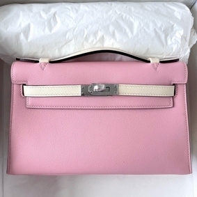 Fake Hermes HSS Kelly Pochette Bicolor Bag in Pink and Craie Swift Calfskin HMS077MZI0S