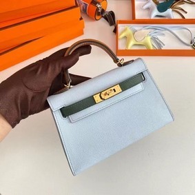 Hermes Kelly 19cm Shoulder Bags Epsom Leather KL19 Gold hardware light blue&green Top Replica HMSQA7MIHHY