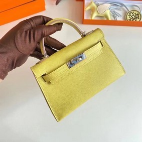 Hermes Kelly 19cm Shoulder Bags Epsom Leather KL19 Silver hardware lemon Replica HMS0V6P878H