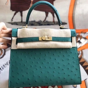 Top Replica Hermes Kelly 25cm Handmade Bag In Vert Vertigo Ostrich Skin HMS1Q4PL6BY
